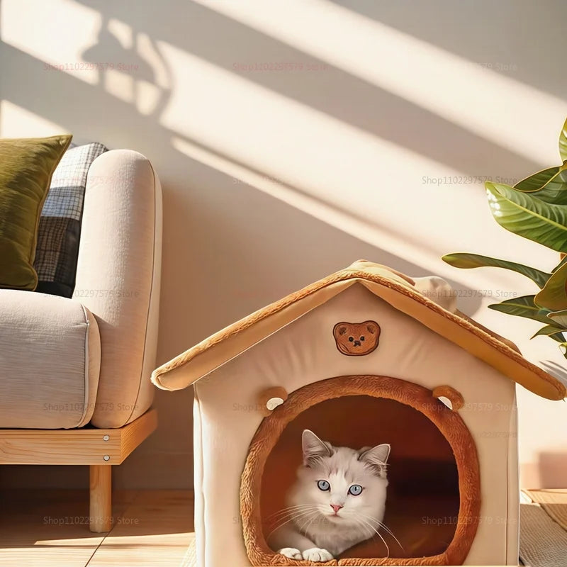 Cat peeking out from a cozy beige pet house in a sunlit room.